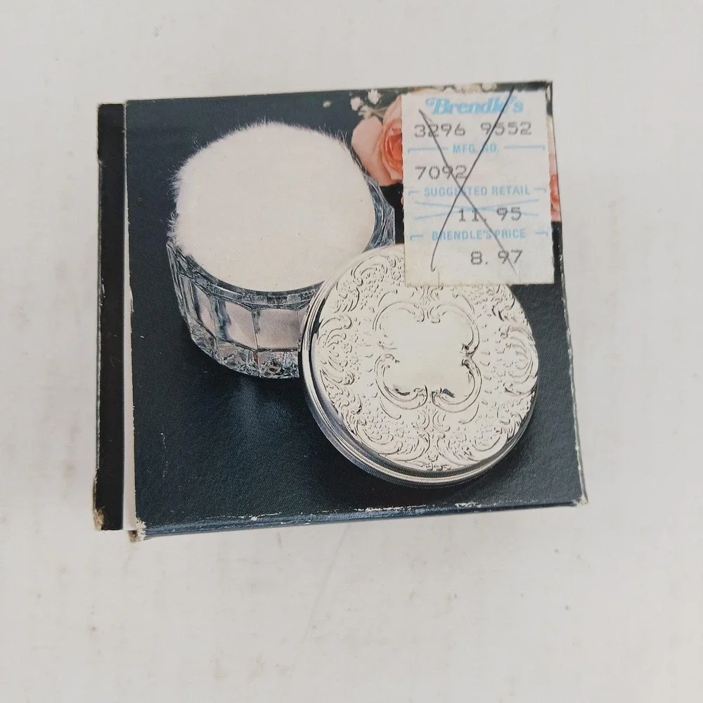 Crystal Powder Box with Silver Plated Lid Powder Puff Davco Silver LTD 7092 NIB
